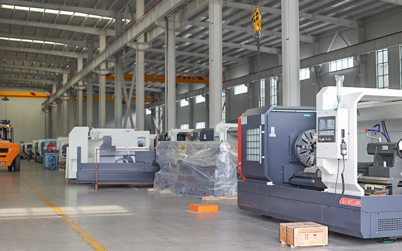 CNC horizontal lathes with chucks and long flat beds inside a HAISEN factory workshop