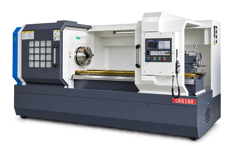 HAISEN CK6180 flat-bed CNC lathe with an open machining area