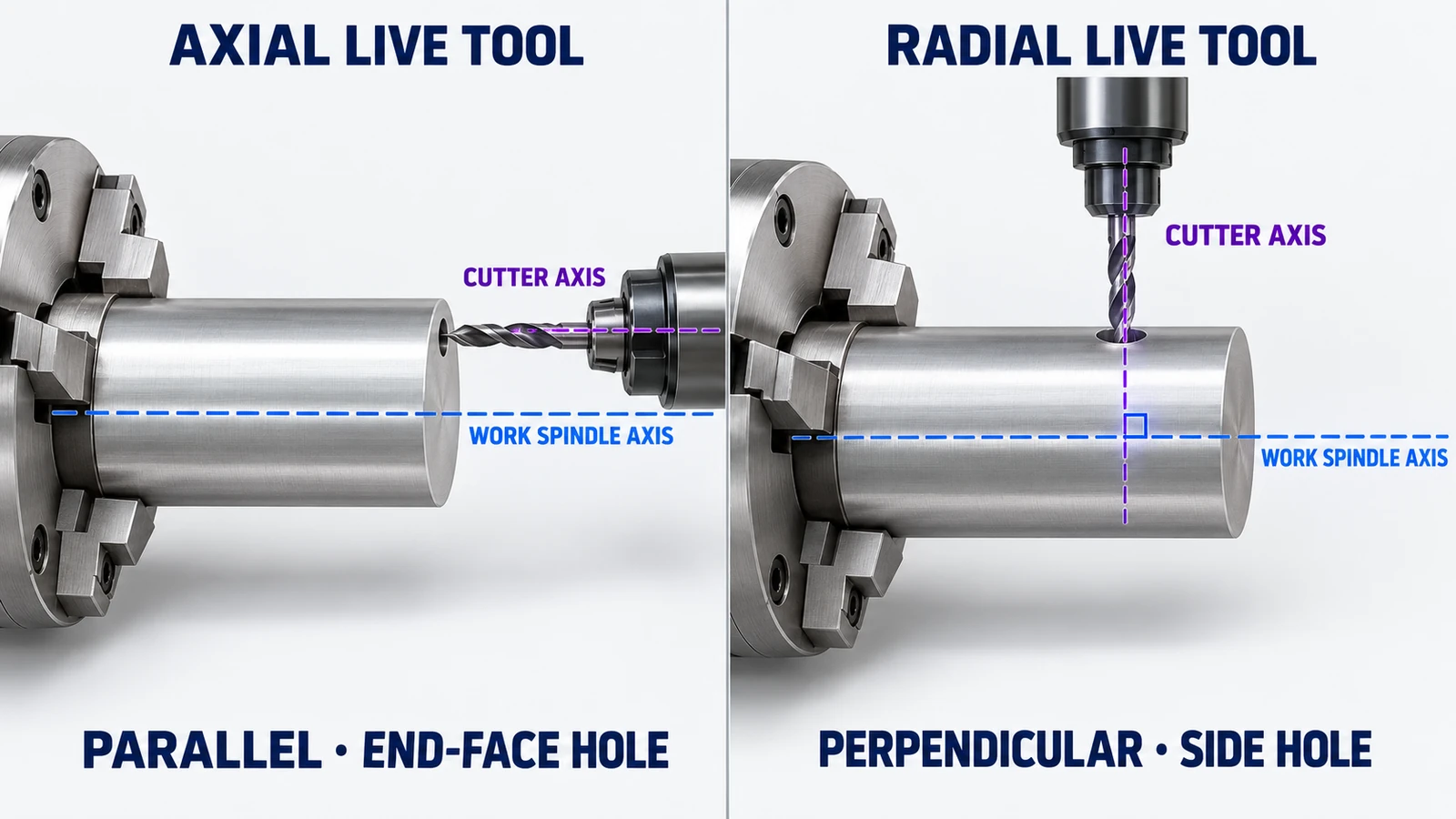 Diagram comparing an axial drill parallel to the spindle axis with a radial drill perpendicular to it