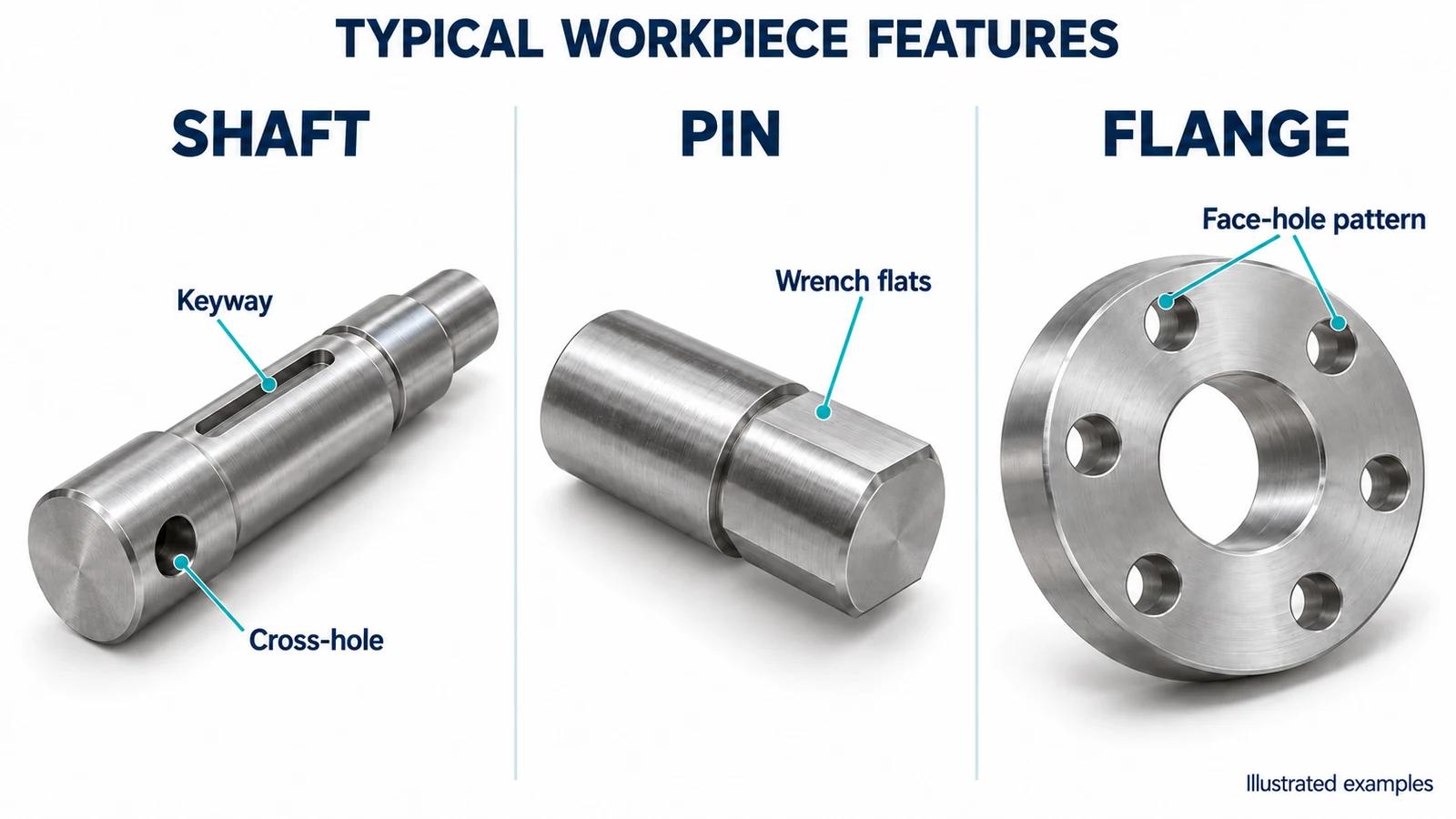 Illustrated shaft with a cross-hole and keyway, pin with wrench flats, and flange with a face-hole pattern