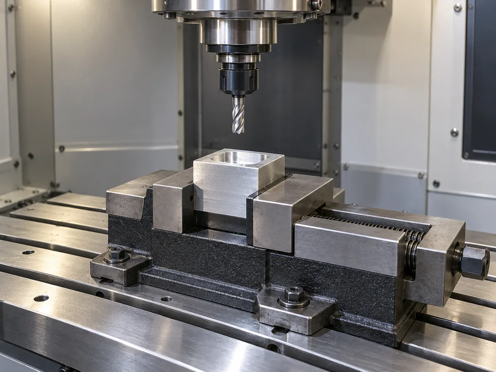 Illustrative milling setup with a workpiece held in a vise below a spindle and end mill