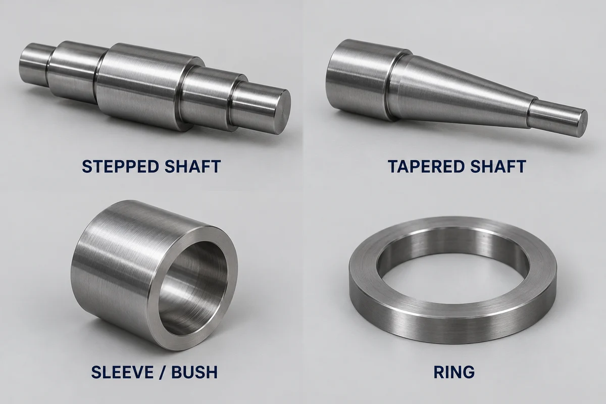 Stepped shaft, tapered shaft, hollow sleeve and ring illustrating typical lathe-turned shapes