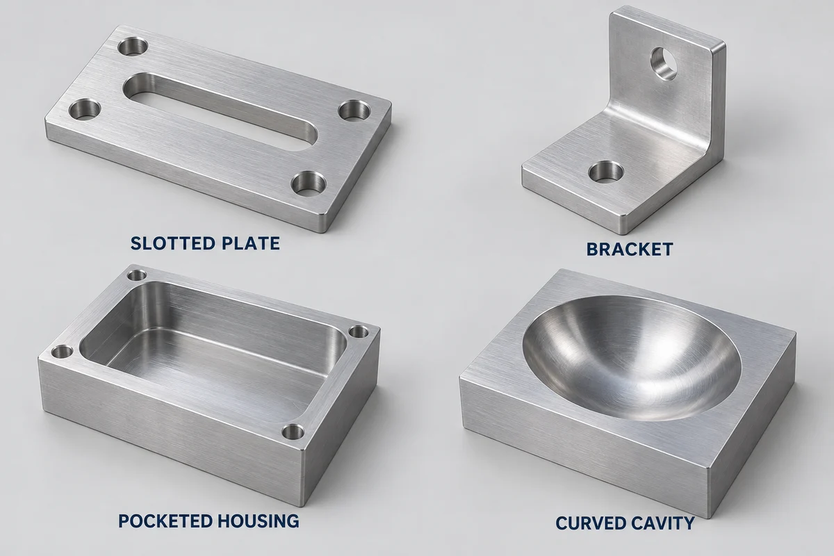 Slotted mounting plate, L bracket, pocketed housing and mold block with a curved cavity